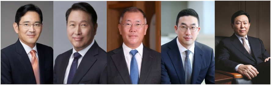 ▲ 윤석열 대통령 미국 국빈방문에 국내 5대기업 총수들도 함께한다. 미국내 규제가 심해지는 만큼 총수들이 어떤 성과를 가져올지 이목이 쏠린다. 사진은 왼쪽부터 이재용 삼성전자 회장, 최태원 SK그룹 회장, 정의선 현대차그룹 회장, 구광모 LG그룹 회장, 신동빈 롯데그룹 회장. [사진=각사]