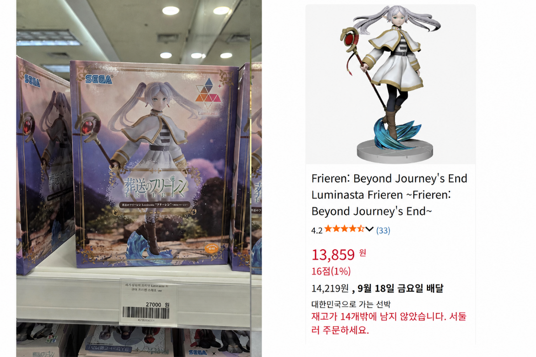 ▲ 국내 피규어 오프라인 매장에서 2만7000원에 판매 중인 한 피규어 사진(왼쪽). 같은 제품의 일본 아마존 화면 표시 가격은 원화 환산 기준 1만3859원으로 국내 매장보다 1만3141원 낮았다. [사진= 일본 아마존 갈무리]